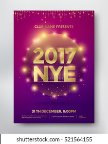 NYE, New Year Eve template flyer or invitation design. Vector