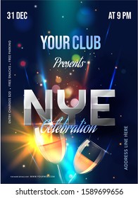 NYE Party Invitation, Flyer Design with Wine Glasses on Blue Lighting Effect Background.