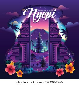 Nyepi Balinese Tag der Stille Konzept mit Tor und Tempel Vektor. Bali's Tag des Schweigens und Hinduismus Neujahr Vektorgrafik geeignet für Poster-Banner und Vorlage, Indonesiens Bali's Nyepi-Tag.