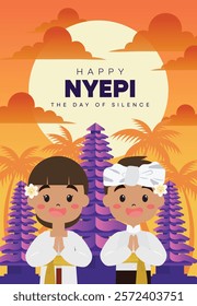 Nyepi Balinese Day of Silence Concept with Gate Temple and Couple in Traditional Balinese Attire. Hindu New Year Illustration for Poster Banner and Template.