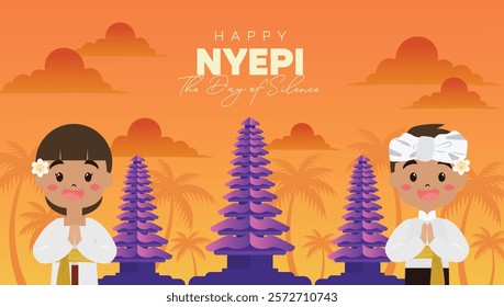 Nyepi Balinese Day of Silence Concept with Gate Temple and Couple in Traditional Balinese Attire. Hindu New Year Illustration for Poster Banner and Template.