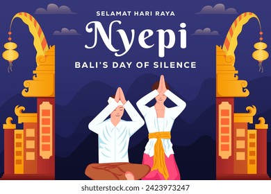 Nyepi Bali's day of silence background illustration with two people praying. Translation: Happy Nyepi day