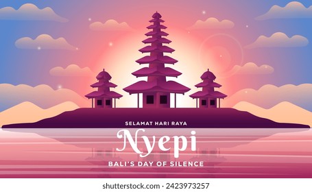 Nyepi Bali's day of silence horizontal banner illustration in gradient. Translation: Happy Nyepi day