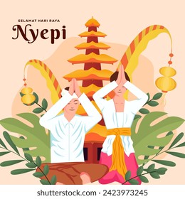 Nyepi Bali's day of silence illustration with two people praying. Translation: Happy Nyepi day