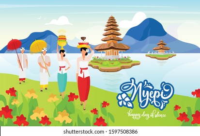 Nyepi flat poster vector template. Happy day of scilence. Pura Ulun Danu Bratan. Holiday. Women in national clothing cartoon characters. Banner, brochure page, leaflet design layout