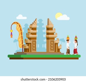 Nypine o Galungan, alias Día del silencio ceremonia tradicional religión hindú en el edificio Pura desde Bali, vector de ilustración de Indonesia