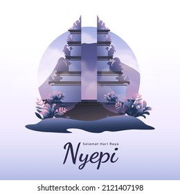 Nyepi illustration banner for instagram post with pura or temple vector 