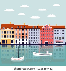 Nyhavn Copenhagen Denmark landmark vector cartoon illustration, danish decorative flat background, colorful building on river, architecture historic sight attraction, Travel sightseeing landscape