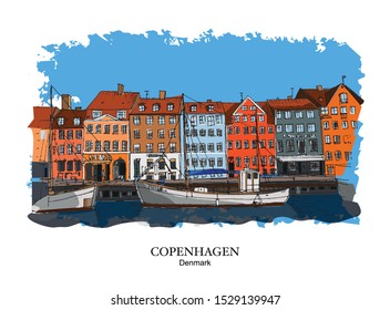 NYHAVN, COPENHAGEN, DENMARK: Panoramic view to waterfront. Hand drawn sketch. Poster, postcard.