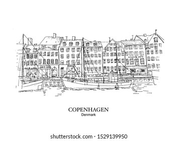 NYHAVN, COPENHAGEN, DENMARK: Panoramic view to waterfront. Hand drawn sketch. Poster, postcard.