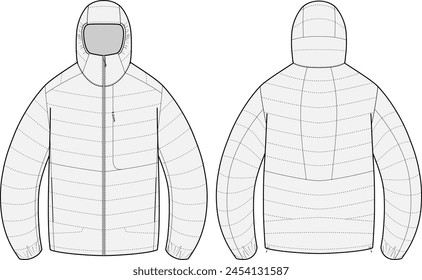 Nylon Hooded Puffer Jacket Design Vector Template with front and back view, unisex winter jacket	