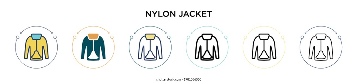 Nylon jacket icon in filled, thin line, outline and stroke style. Vector illustration of two colored and black nylon jacket vector icons designs can be used for mobile, ui, web