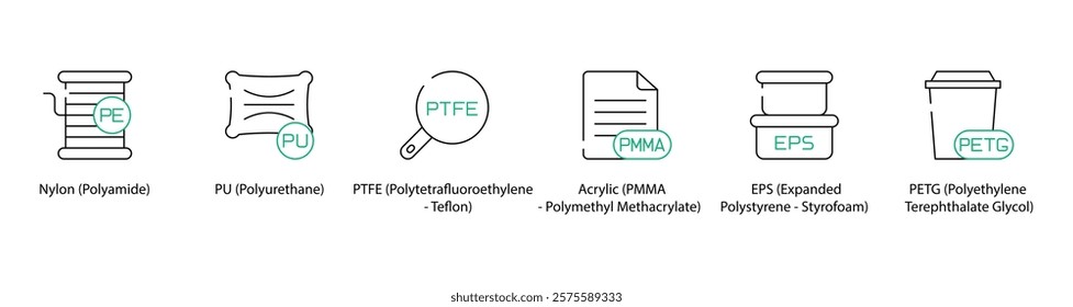 Nylon Material Symbol, Polyurethane, Polytetrafluoroethylene, Polymethyl Methacrylate, Expanded Polyethylene Foam, and Polyethylene Terephthalate Glycol-Modified Icons - Vector Illustration