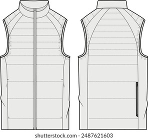 Nylon Puffer Chaleco Diseño Vector CAD Plantilla técnica ilustración de moda senderismo, golf, ropa exterior. 