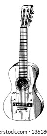 Nylon String Classical Guitar is a musical instrument of the chordophone family, vintage line drawing or engraving illustration.