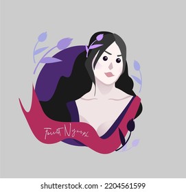 Nymph forest portrait. The violet-black scale of the illustration. Cold gamma. Beautiful, gentle girl nymph, fairy. Flat style, cardboard. Purple tulips. Long black hair. Fair skin.Paganism.