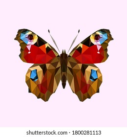 Nymphalis butterfly isolated on a light background. Low poly style card.