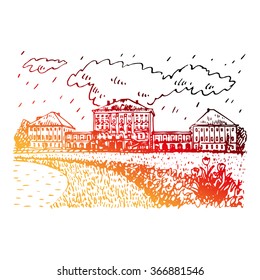 Nymphenburg Palace in Munich, Bavaria, Germany. Vector hand drawn sketch.