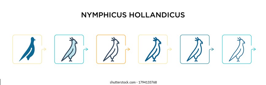 Nymphicus hollandicus vector icon in 6 different modern styles. Black, two colored nymphicus hollandicus icons designed in filled, outline, line and stroke style. Vector illustration can be used for 