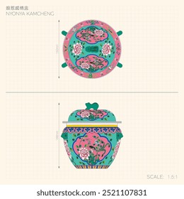 Nyonya Antique Kamcheng Dibujo Técnico. Traducción: (Título) Nyonya Covered Jar