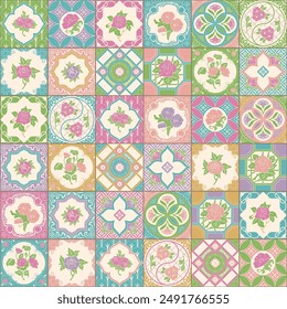 Nyonya Floral Tile Seamless Pattern, Pastel Color, Flat Illustration