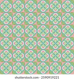 Nyonya Floral Tile Seamless Pattern, Pastel Green and Pink Color, Floral Pattern, Flat Illustration