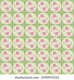 Nyonya Floral Tile Seamless Pattern, Pastel Green Color, Rose Pattern, Flat Illustration