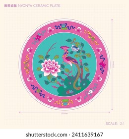 Nyonya Plate with Phoenix and Peony Graphic Technical Drawing. Translation: (Title) Nyonya Ceramic Plate