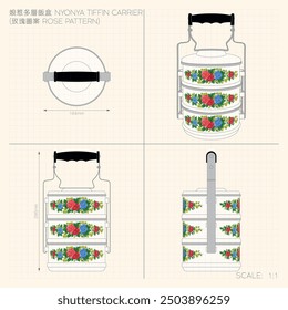 Nyonya Tiffin Carrier (Rose Pattern) Technical Drawing. Translation: (Title) Nyonya Tiffin Carrier (Rose Pattern) 