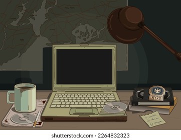 Lugar de trabajo del detective de NYPD. Estilo retro, cómics, dibujos animados. En el escritorio hay una laptop, una taza de café, un CD, una videocassette VHS, una insignia de la policía, una lámpara de mesa. Mapa en la pared. Ilustración vectorial.