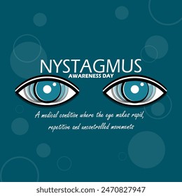 Medizinischer Banner am Nystagmus-Tag. Illustration unkontrollierter und schneller Augen auf dunklem türkisfarbenem Hintergrund zur Erinnerung an den 20. Juni