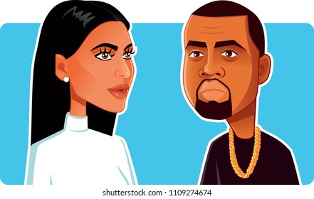 N.Y.,U.S. June 9, 2018, Kim Kardashian And Kanye West Vector Caricature