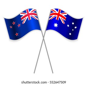 NZ and Australian crossed flags. New Zealand combined with Australia isolated on white. Language learning, international business or travel concept.