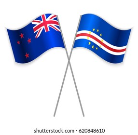 NZ and Cabo Verdean crossed flags. New Zealand combined with Cabo Verde isolated on white. Language learning, international business or travel concept.