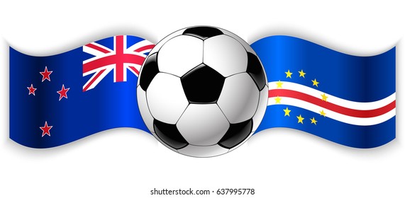 NZ and Cabo Verdean wavy flags with football ball. New Zealand combined with Cape Verde isolated on white. Football match or international sport competition concept.