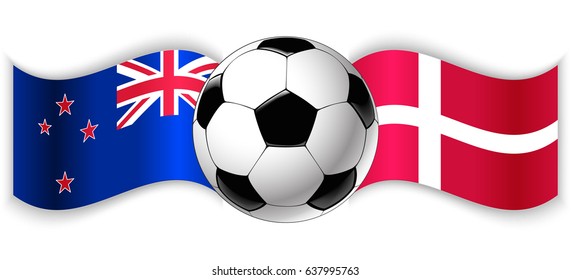NZ and Danish wavy flags with football ball. New Zealand combined with Denmark isolated on white. Football match or international sport competition concept.