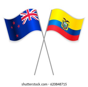 NZ and Ecuadorian crossed flags. New Zealand combined with Ecuador isolated on white. Language learning, international business or travel concept.