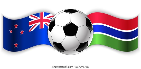 NZ and Gambian wavy flags with football ball. New Zealand combined with Gambia isolated on white. Football match or international sport competition concept.