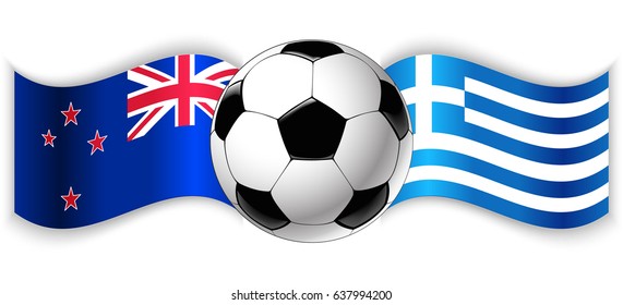 NZ and Greek wavy flags with football ball. New Zealand combined with Greece isolated on white. Football match or international sport competition concept.