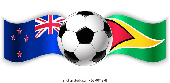 NZ and Guyanese wavy flags with football ball. New Zealand combined with Guyana isolated on white. Football match or international sport competition concept.