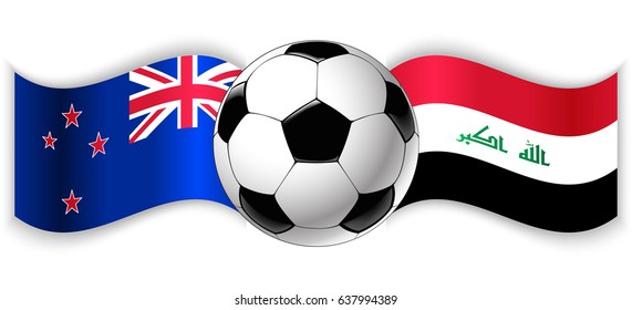 NZ and Iraqi wavy flags with football ball. New Zealand combined with Iraq isolated on white. Football match or international sport competition concept.