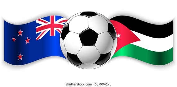 NZ and Jordanian wavy flags with football ball. New Zealand combined with Jordan isolated on white. Football match or international sport competition concept.