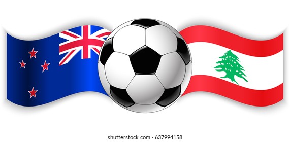 NZ and Lebanese wavy flags with football ball. New Zealand combined with Lebanon isolated on white. Football match or international sport competition concept.