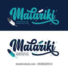 NZ Matariki Celebrating the Maori New Year. Script typeface with feathers and stars