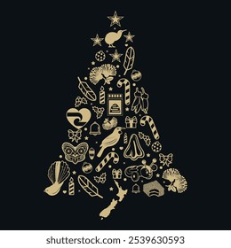 NZ Merry Christmas tree of kiwi icons in gold on black. Kiwiana and maori symbols