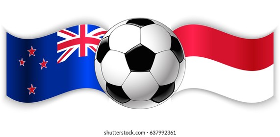 NZ and Monegasque wavy flags with football ball. New Zealand combined with Monaco isolated on white. Football match or international sport competition concept.