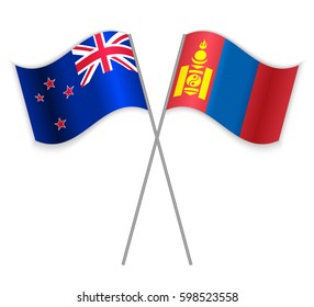 NZ and Mongolian crossed flags. New Zealand combined with Mongolia isolated on white. Language learning, international business or travel concept.