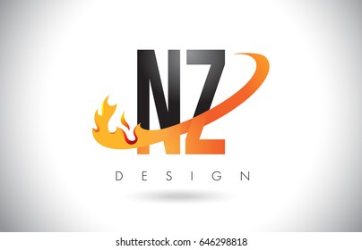 NZ N Z Letter Logo Design with Fire Flames and Orange Swoosh Vector Illustration.