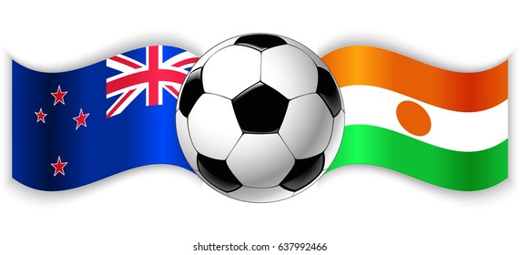 NZ and Nigerien wavy flags with football ball. New Zealand combined with Niger isolated on white. Football match or international sport competition concept.