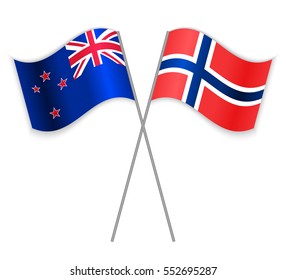 NZ and Norwegian crossed flags. New Zealand combined with Norway isolated on white. Language learning, international business or travel concept.